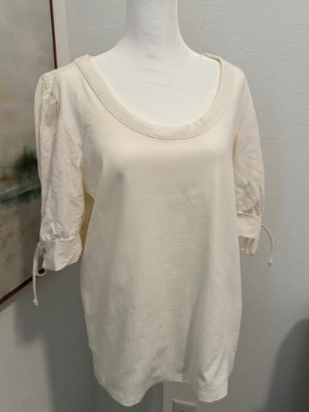By Ann Taylor Cream pull-over blouse with semi-sheer sleeve & tie detailing, XL